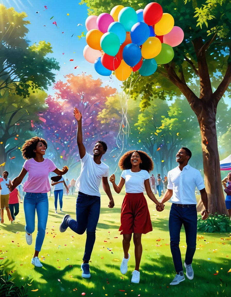 A joyful scene depicting a diverse group of people engaged in various leisure activities, such as painting, dancing, and playing games in a vibrant open park. Lush greenery surrounds them, with colorful balloons and confetti floating in the air, symbolizing celebration and happiness. The sun shines brightly, casting a warm glow on their smiling faces. super-realistic. vibrant colors. cheerful atmosphere.