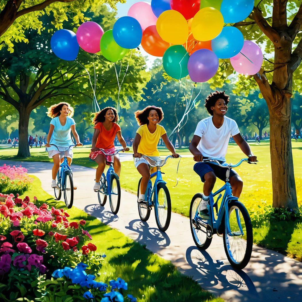 A vibrant scene of a diverse group of friends joyfully riding bicycles through a colorful park filled with blooming flowers and lush greenery. The sunlight filters through the trees, casting playful shadows, while balloons and kites float in the clear blue sky. Incorporate smiles, laughter, and elements of a carefree lifestyle to evoke a sense of bliss and happiness. bright colors. super-realistic. cheerful atmosphere.