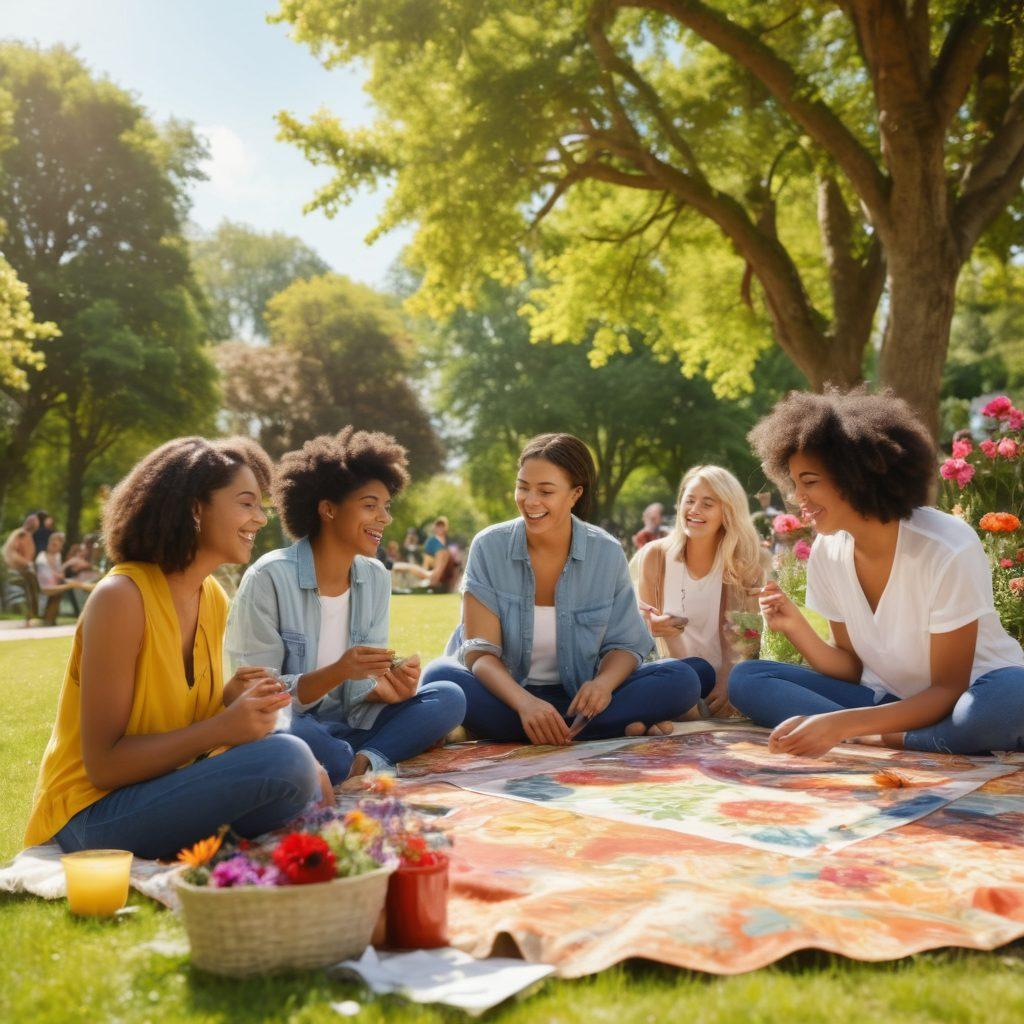 A diverse group of friends joyfully crafting together in a sunny park, surrounded by vibrant flowers and trees, showcasing a tapestry of connection and creativity. They are laughing and sharing ideas while working on art projects that represent happiness. The scene should exude warmth and camaraderie, highlighting the importance of friendship in fostering joy. super-realistic. vibrant colors. sunny atmosphere.